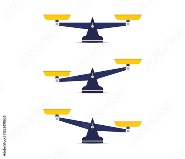 Fototapeta An illustration of three classic balance beam scales demonstrating neutral equilibrium, weight bias left, and weight bias right.