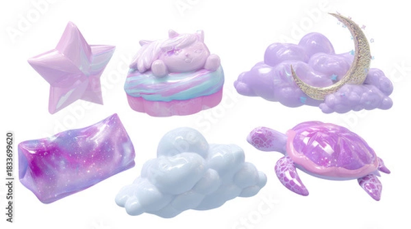 Fototapeta Magical Candy Creatures with Glossy Finish in Pastel Colors against Transparent Background