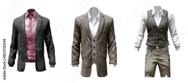 Fototapeta Stylish Formal Trio of Classic Menswear Outfits Displayed in Studio Setting