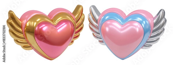 Fototapeta Smooth Metallic Heart Tokens with Wings in Vibrant Colors for Illustrative Purposes