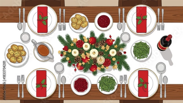 Obraz Overhead view of a festive holiday table setting with plates, napkins, silverware, gravy, wine, and a centerpiece of greenery, candles, and ornaments.