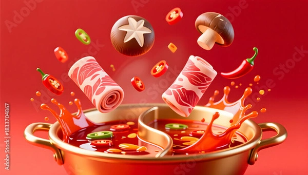 Obraz Ingredients swirling over a boiling red hotpot