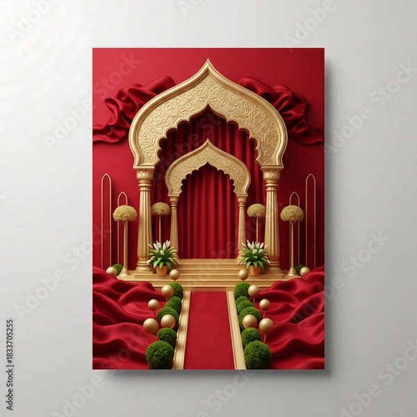 Fototapeta Grand Golden Archway with Red Drapes and Staircase Entrance gateway ornate isolated on a transparent background