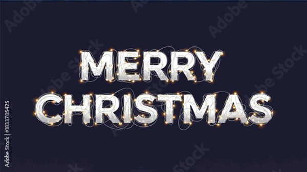 Obraz "Merry Christmas" text with white, illuminated letters and string lights against a dark blue background, creating a festive holiday greeting.