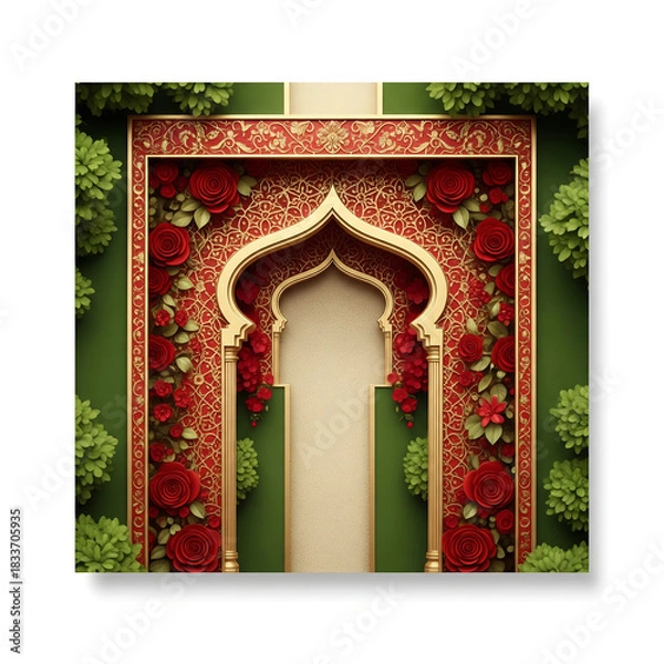 Fototapeta Lush Green Garden Entrance with Golden Archway and Red Roses graphic design isolated on a transparent background