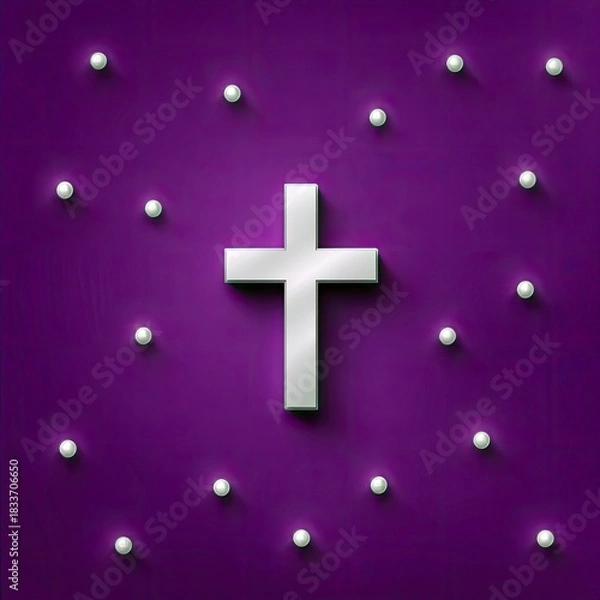 Obraz A silver cross is centered on a vibrant purple background, surrounded by small white pearls, creating a religious and elegant composition.