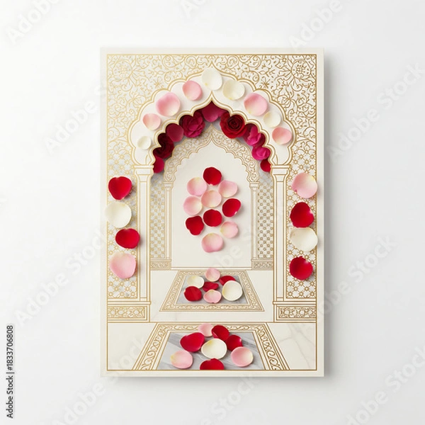 Fototapeta Ornate Archway with Rose Petals and Floral Patterns gold isolated on a transparent background
