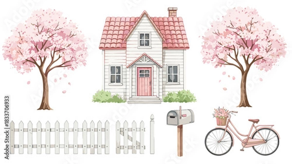 Fototapeta Charming watercolor collection for spring with a cute house, blooming cherry blossom trees, a bicycle, and a picket fence.