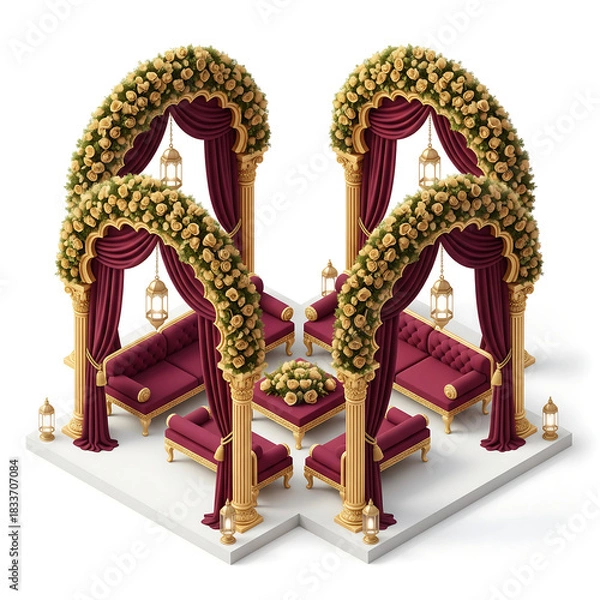 Fototapeta Ornate Floral Arches with Burgundy Seating and Golden Lanterns architecture isolated on a transparent background