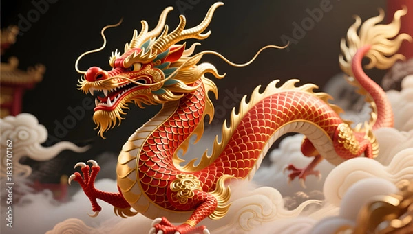 Obraz Red gold Chinese dragon soaring in clouds