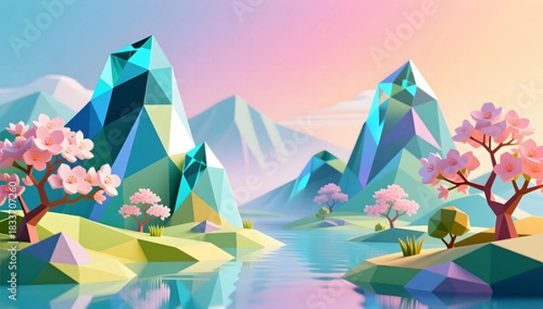 Fototapeta Low Poly Spring Geometric Landscape Illustration