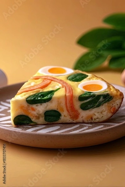 Obraz A slice of frittata with spinach, tomatoes, and eggs is presented on a plate. The image is a close-up with warm lighting.