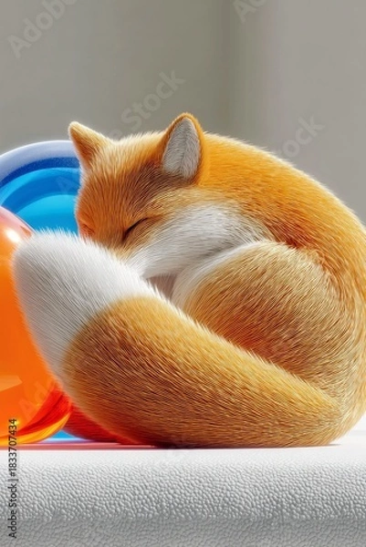 Obraz A fluffy orange fox is curled up asleep on a white surface, with colorful spheres in the background. The scene is lit with soft, diffused lighting.