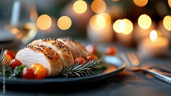Obraz Close-up of sliced roasted chicken breast on a plate, garnished with cherry tomatoes and rosemary, with a blurred background of lights and candles, creating a f