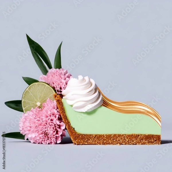 Obraz A slice of key lime pie is decorated with flowers and whipped cream. The dessert is set against a light background.