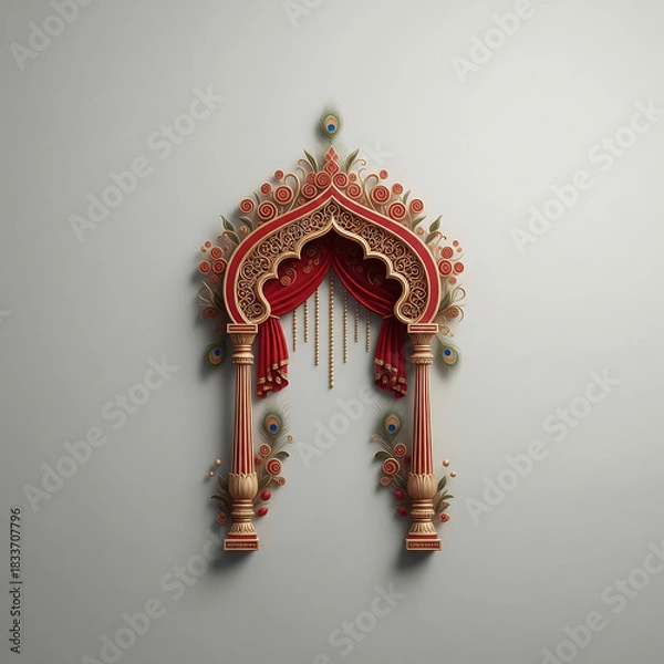 Fototapeta Ornate Red Archway with Peacock Feathers and Gold Accents gateway isolated on a transparent background