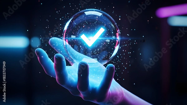 Obraz hand holding a glowing neon arrow, Hand holds glowing blue checkmark in circle on dark background. Represents digital confirmation choice, approval or data collection in online marketing context. Conc