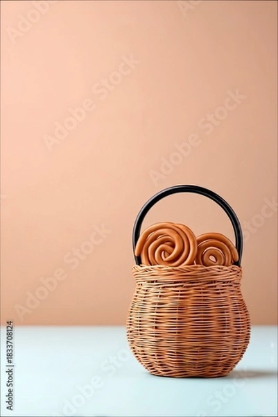 Obraz A wicker basket filled with swirl pastries sits on a light blue table against a peach-colored background. The pastries are brown and the basket has a black hand