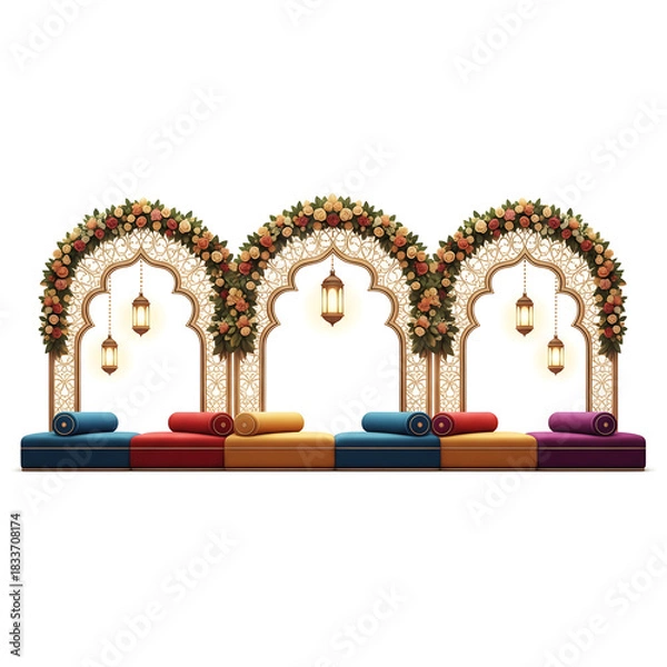 Fototapeta Colorful Seating Arrangement Under Floral Arches with Lanterns graphic design isolated on a transparent background