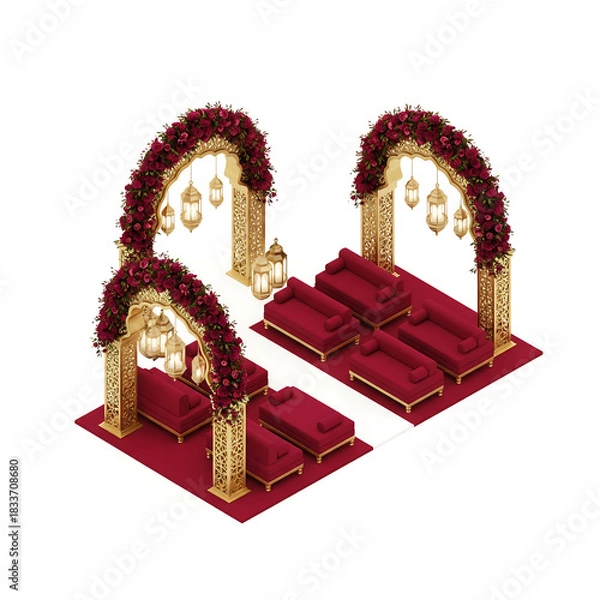 Fototapeta Luxurious Red and Gold Wedding Mandap with Floral Decor graphic design isolated on a transparent background