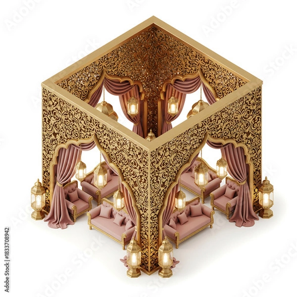 Fototapeta Isometric Golden Pavilion with Pink Sofas and Hanging Lanterns cube ornate isolated on a transparent background