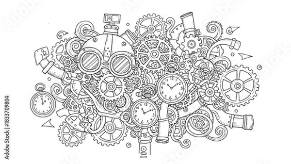Fototapeta Intricate black and white coloring page or illustration featuring a complex collage of steampunk gears, clocks, and machinery.