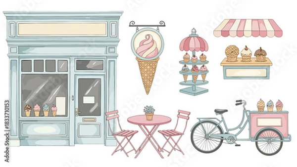 Fototapeta Charming collection of vintage-style illustrations for an ice cream parlor, including a shop facade, a bicycle cart, and a dessert stand.