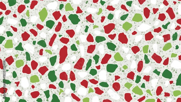 Obraz Terrazzo pattern featuring red, green, and white chips embedded in a light gray matrix, creating a festive and colorful speckled texture.
