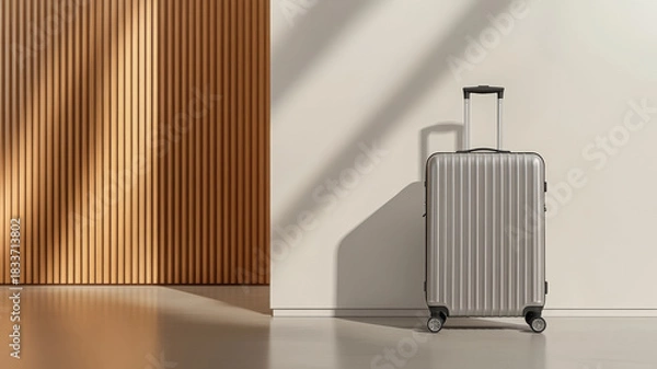 Fototapeta Sleek gray suitcase with wheels and handle in modern interior, sunlight casting shadows