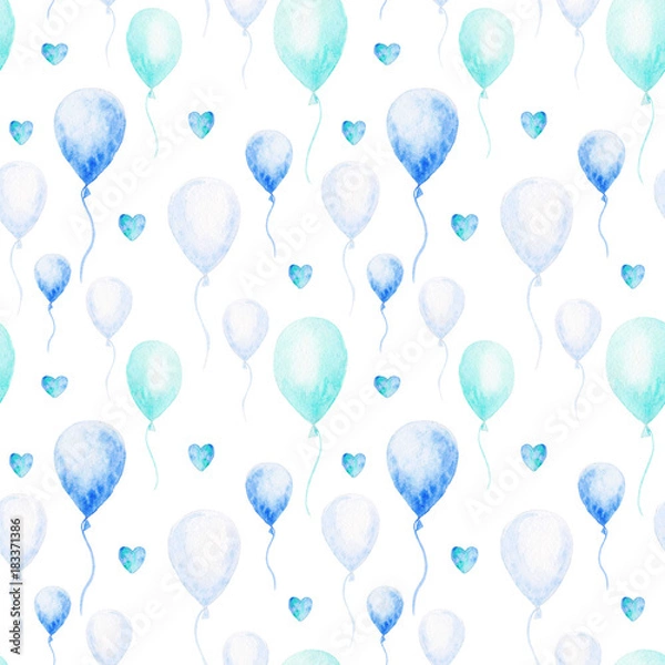 Fototapeta Watercolor baby shower pattern. Blue balloons on the white background. For design, print or background