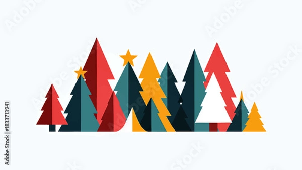 Obraz Colorful abstract Christmas trees of various shapes and sizes, some topped with stars, arranged against a white background.