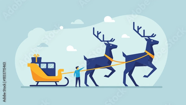 Fototapeta Modern flat illustration of a person with two large reindeer and Santa's sleigh, representing Christmas magic and gift-giving.