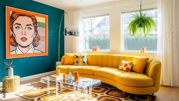 Fototapeta Bright living room with a yellow curved sofa, pop art portrait, and natural light from windows.