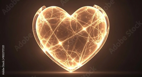 Fototapeta Glowing orange heart shape formed by interconnected lines and particles on dark background