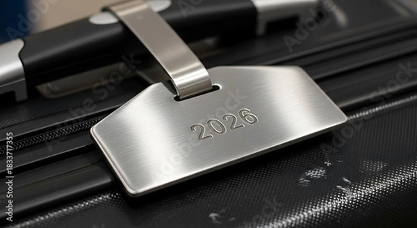 Fototapeta Close up of a metallic luggage tag with the word zara embossed on a black suitcase