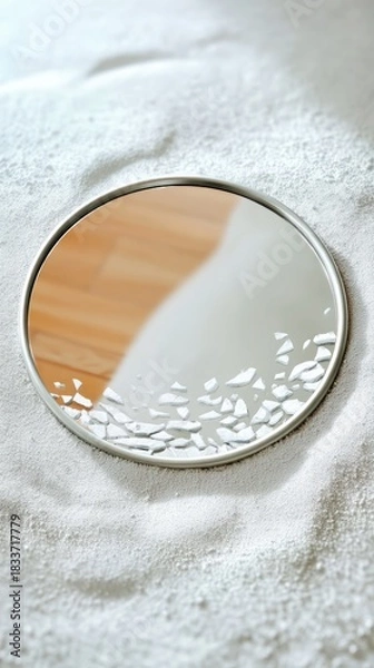 Fototapeta A round mirror with a broken section lies on a bed of white sand, reflecting a wooden surface. The image evokes themes of fragility and reflection.