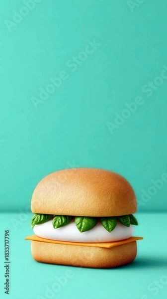Fototapeta A stylized burger with basil leaves and cheese on a turquoise background. The image is a studio shot with soft lighting.