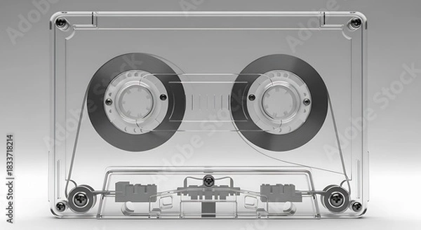 Fototapeta Transparent audio cassette tape with visible reels and internal mechanisms against a neutral background