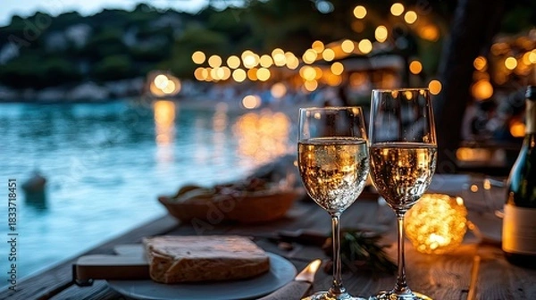 Fototapeta Two champagne glasses filled with sparkling wine sit on a wooden table with food, overlooking a beach at dusk. Fairy lights illuminate the background.