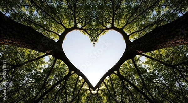Fototapeta Symmetrical heart shape formed by tree branches against a bright sky