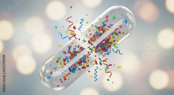 Fototapeta Exploding transparent capsule releasing colorful confetti and streamers in a celebration