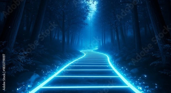 Fototapeta Enchanting neon blue pathway illuminated through a dark mysterious forest at night
