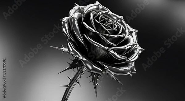 Fototapeta Striking monochrome close up of a metallic rose with sharp thorns against a softly blurred dark background
