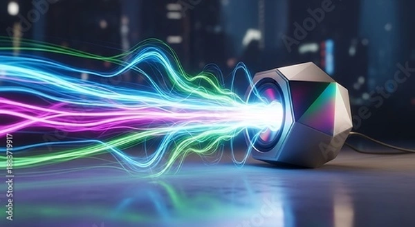 Fototapeta Modern speaker emitting vibrant neon light waves of sound and energy
