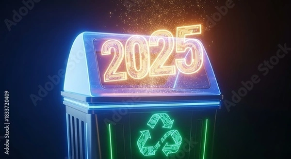 Fototapeta Glowing neon 2025 number displayed on a futuristic recycling bin with sparkles