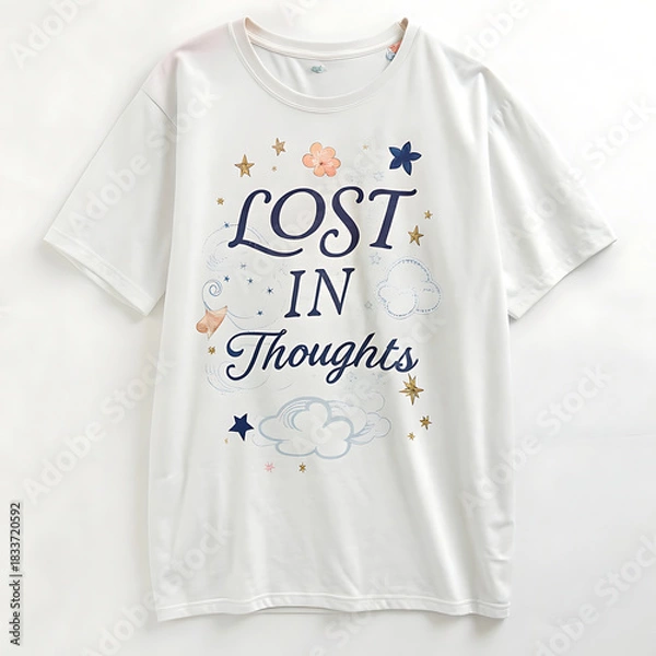 Obraz White T-shirt with “Lost in Thoughts” Typography Design
