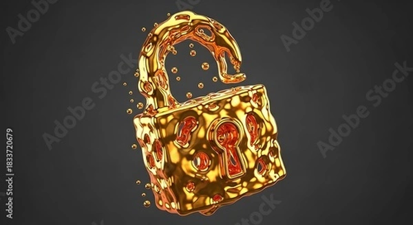 Fototapeta Abstract golden padlock dissolving into shimmering particles against a dark background
