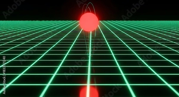 Fototapeta Abstract neon grid with glowing red orb and futuristic digital landscape