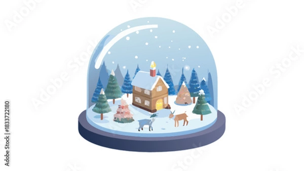Fototapeta Winter snow globe scene with house, trees, and reindeer christmas holiday decoration vector illustration
