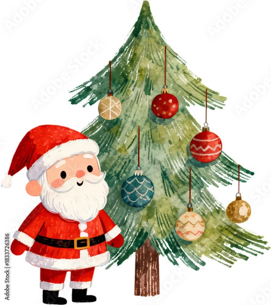 Fototapeta 작은 산타가 크리스마스트리를 장식하는 귀여운 일러스트